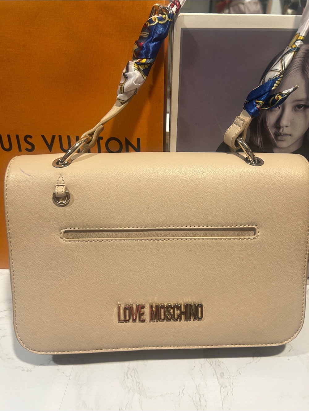 Love Moschino Cream Leather Shoulder Bag with Gold Logo